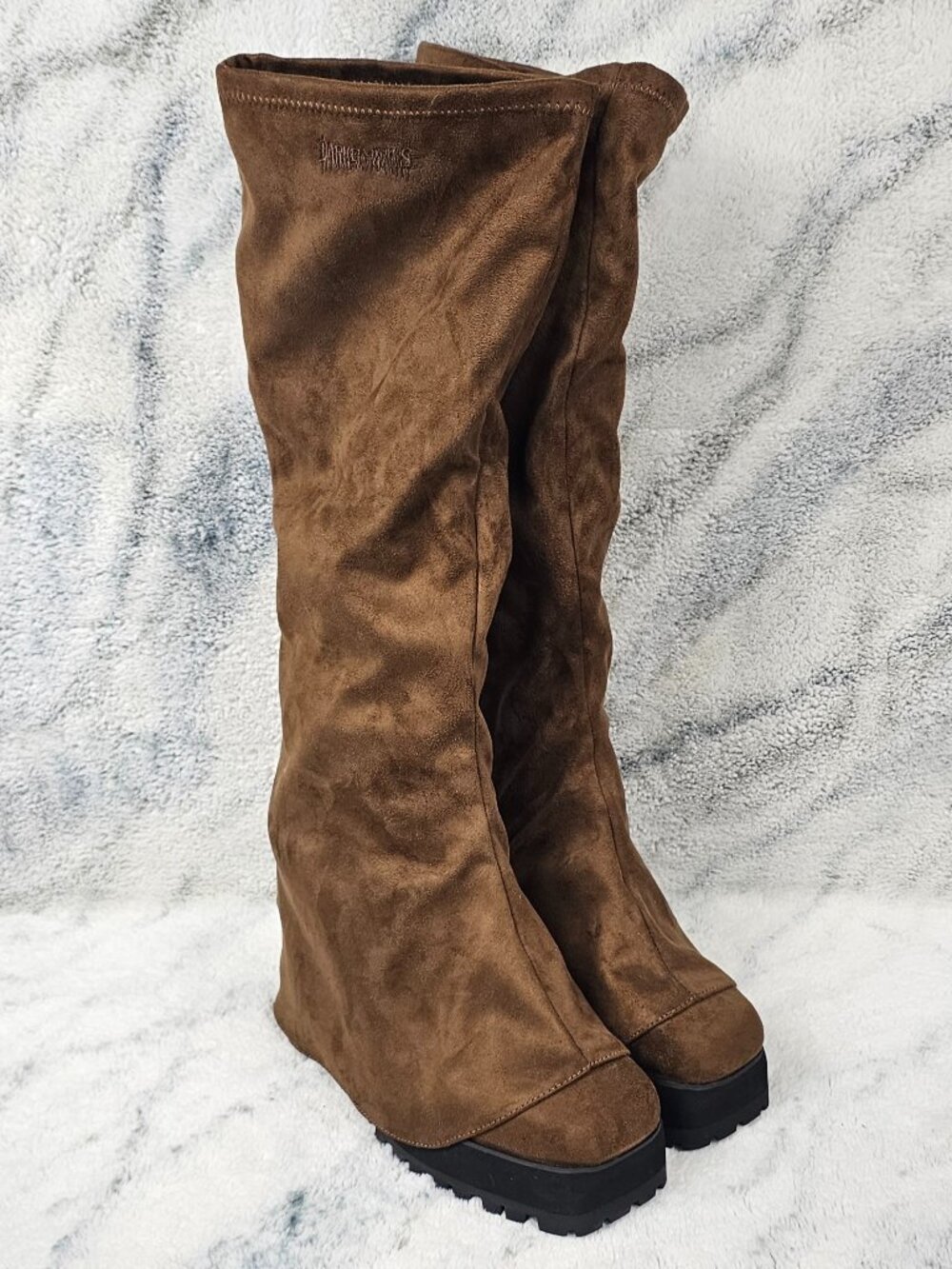 Darker Wavs 9 Brown Knee High Faux Suede Foldover Knee High Pant Boot Square Toe